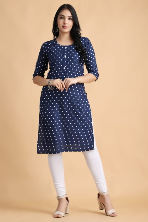 Navy Blue Polka Print A-Line women cotton kurta