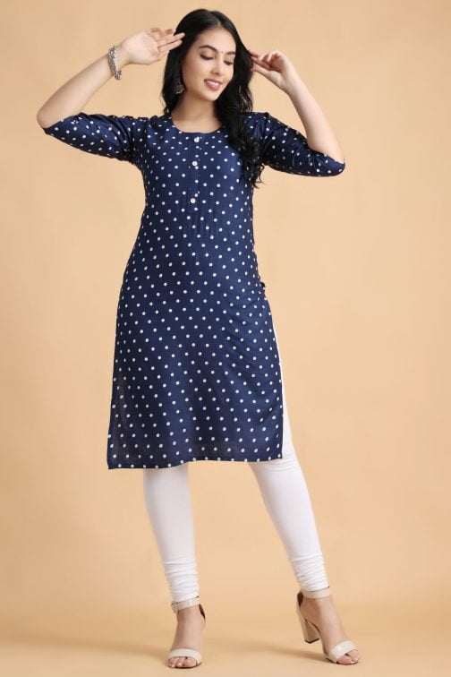 Navy Blue Polka Print A-Line women cotton kurta