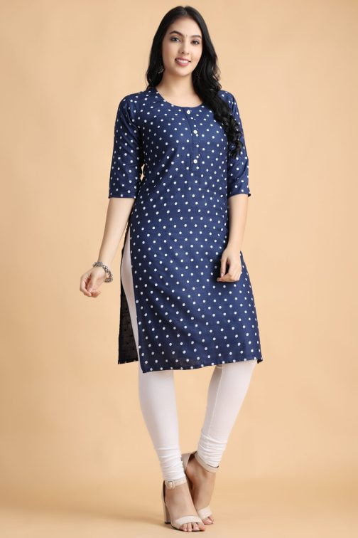 Navy Blue Polka Print A-Line women cotton kurta