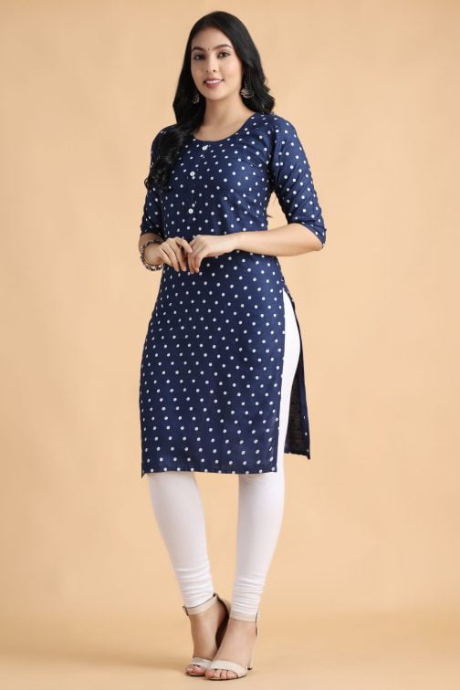 Navy Blue Polka Print A-Line women cotton kurta