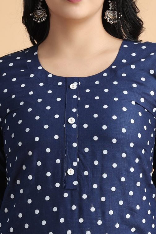 Navy Blue Polka Print A-Line women cotton kurta