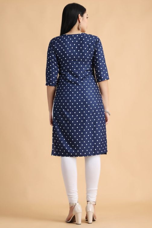 Navy Blue Polka Print A-Line women cotton kurta