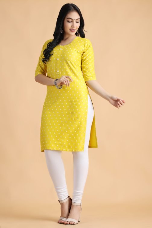 Yellow Polka Print Women Cotton Kurta