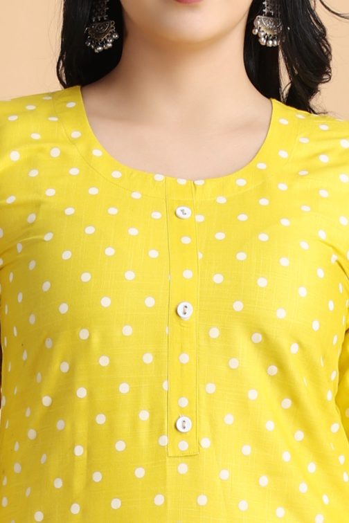 Yellow Polka Print Women Cotton Kurta