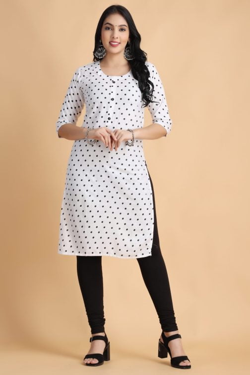 White Polka Print Women Cotton Kurta