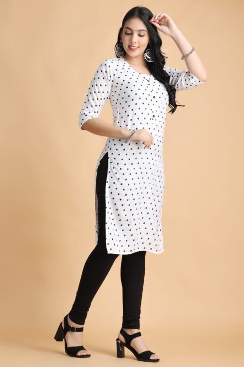 White Polka Print Women Cotton Kurta