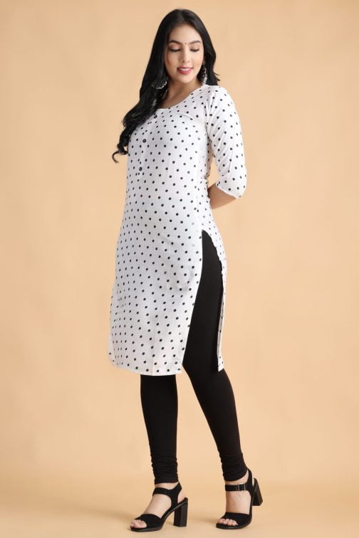 White Polka Print Women Cotton Kurta