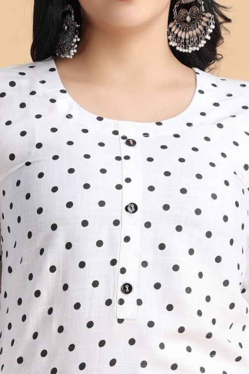 White Polka Print Women Cotton Kurta