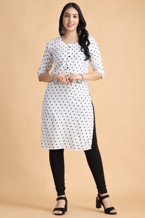 White Polka Print Women Cotton Kurta