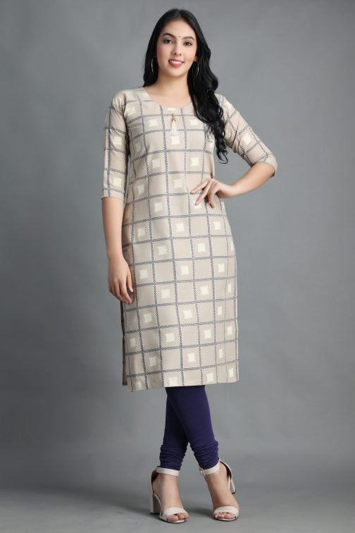 Grey Block Printed A-Line Women Cotton Kurta