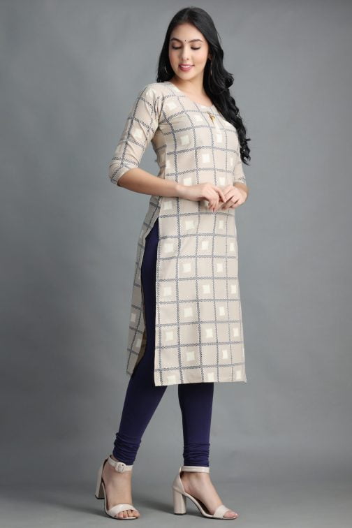 Grey Block Printed A-Line women cotton kurta