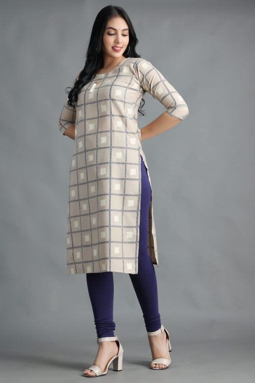 Grey Block Printed A-Line women cotton kurta