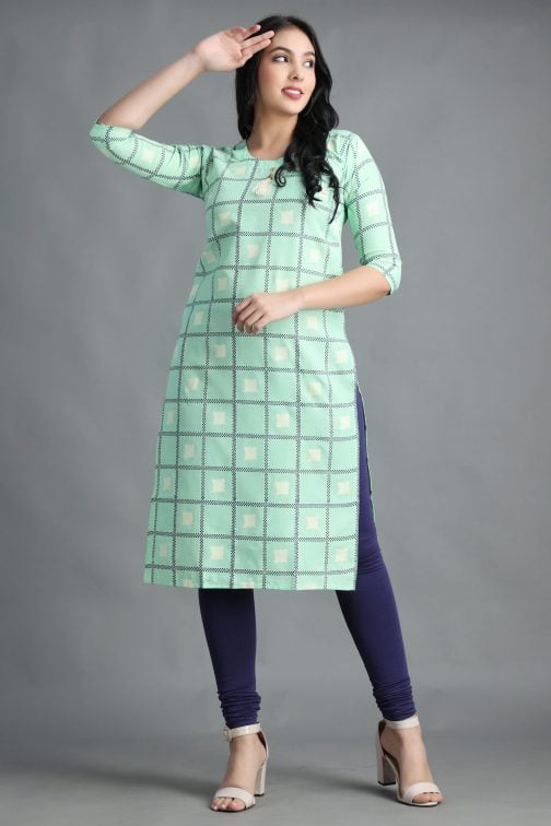 Pista Block Printed Women Cotton Kurta