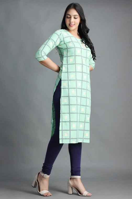 Pista Block Printed A-Line Women Cotton Kurta