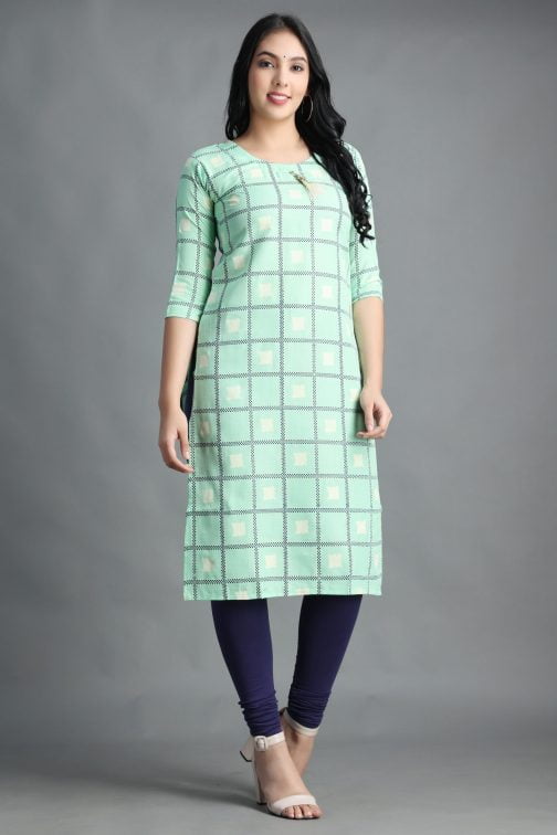 Pista Block Printed A-Line Women Cotton Kurta