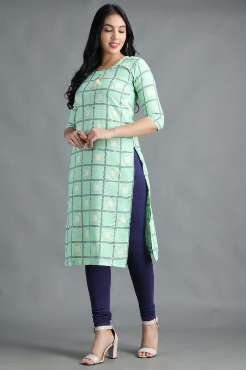 Pista Block Printed A-Line Women Cotton Kurta