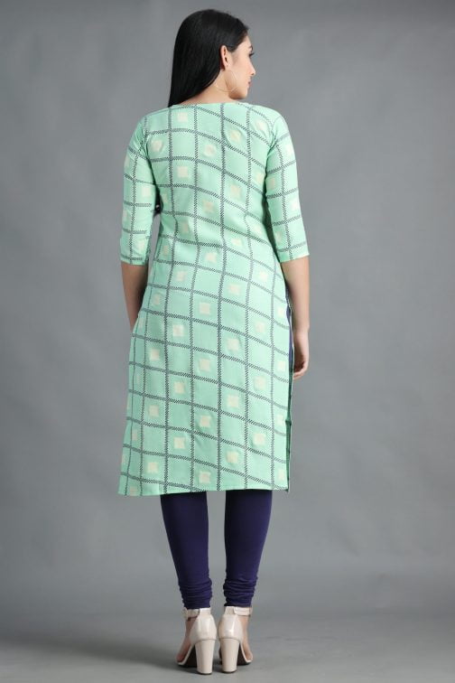 Pista Block Printed A-Line Women Cotton Kurta