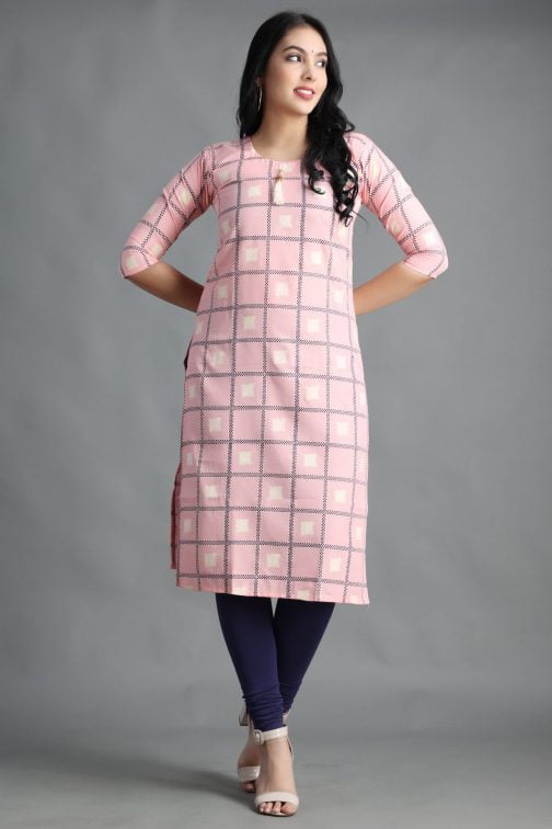 Pink Block Printed A-Line Women Cotton Kurta