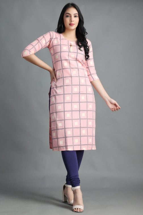 Pink Block Printed A-Line Women Cotton Kurta