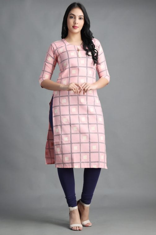 Pink Block Printed A-Line Women Cotton Kurta