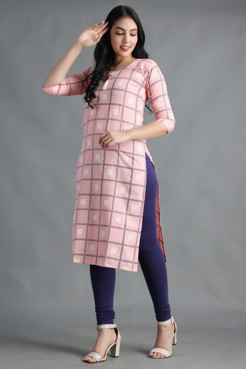 Pink Block Printed A-Line Women Cotton Kurta