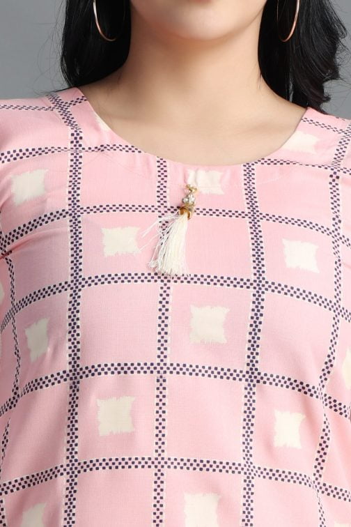 Pink Block Printed A-Line Women Cotton Kurta