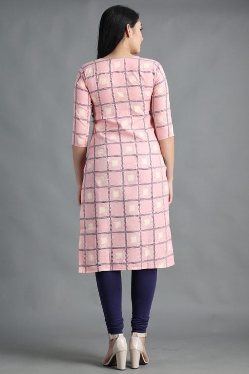 Pink Block Printed A-Line Women Cotton Kurta