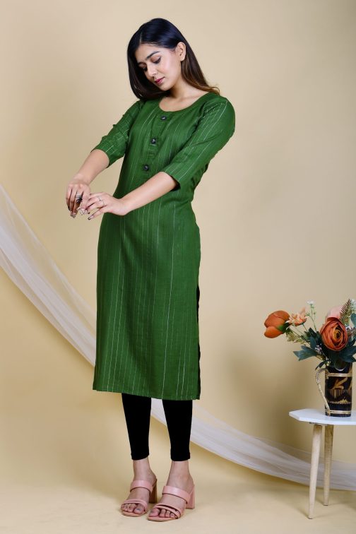 Green Striped A-Line women cotton kurta